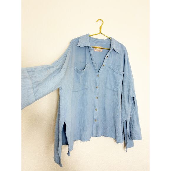 Free People Cardiff Oversized Top Size XL Blue Waffle Knit Boho Long Sleeve - Picture 11 of 13